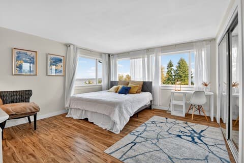 One of the bedrooms in a large suburban rental home